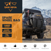 Spare wheel bag with San Hima branding on a vehicle in a mountainous desert landscape.